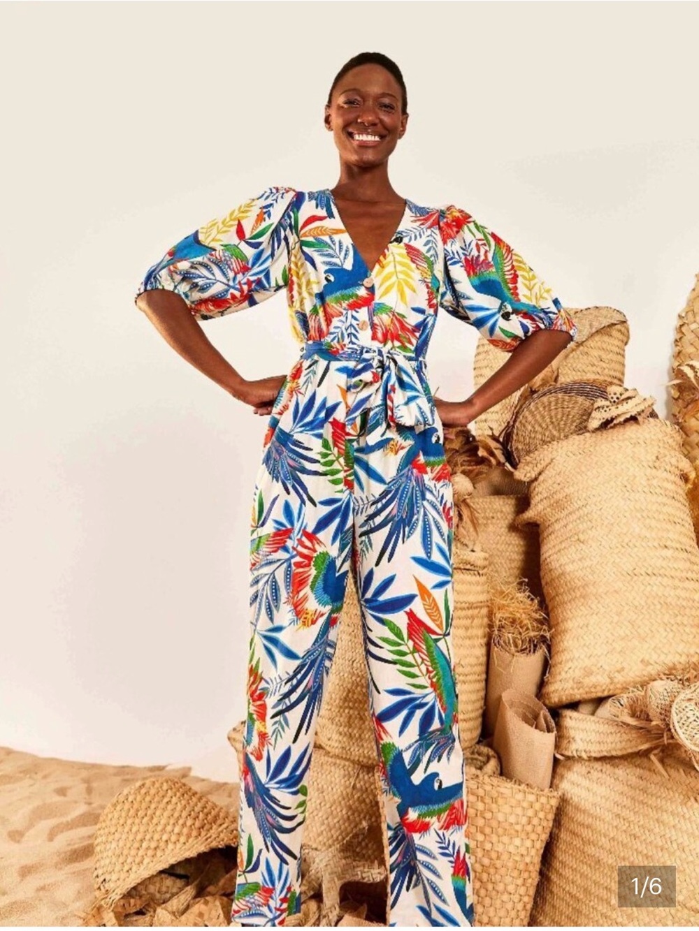 FARM Rio White Jumpsuit with Multicolor Tropical Leaf Print